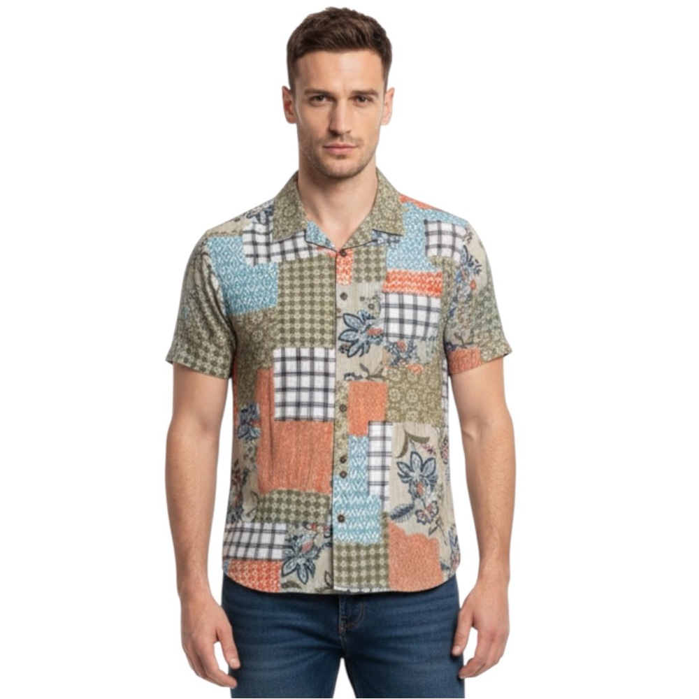 NWT RAGA Man Colorful Patchwork Pattern Short Sleeve Button-Up Viscose Shirt